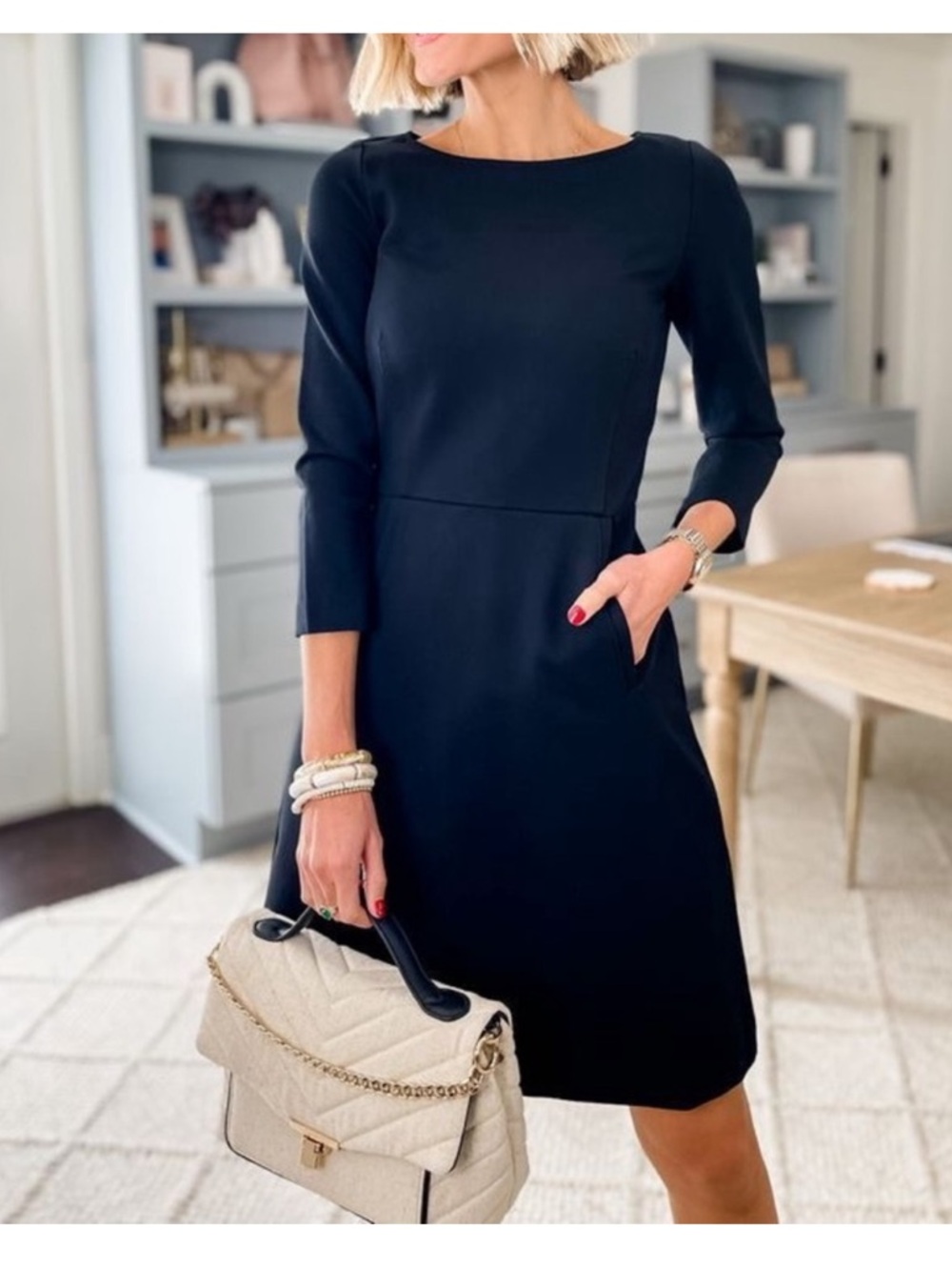 NWT SPANX THE PERFECT A-Line 3/4 Sleeve Shift Dress Black Large Orig $200 - Picture 2 of 7